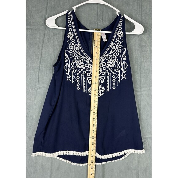 Womens Embroidered Exhilaration Blue White Tank Top Size Small S Zip Back - Picture 5 of 6